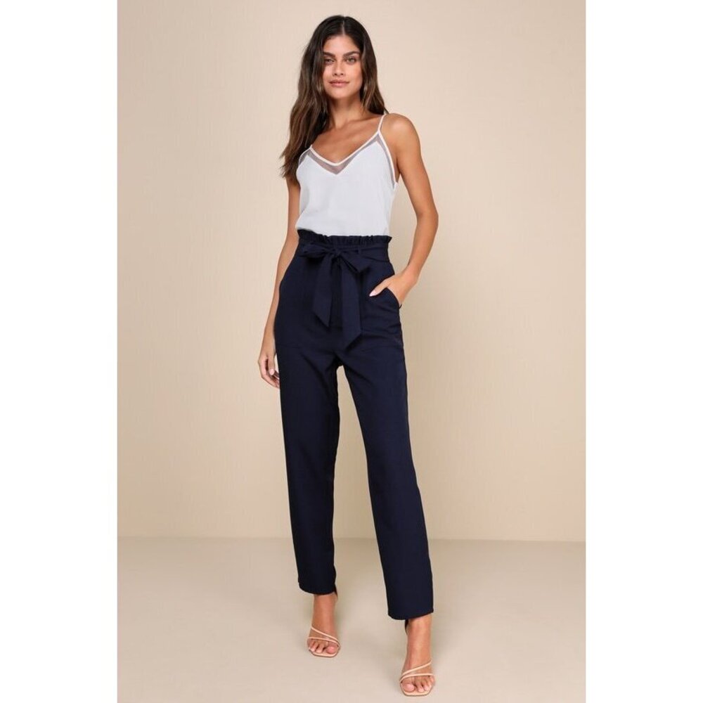 Lulus Busy Babe Navy Blue Paperbag Waist Straight Leg Pants - Size M